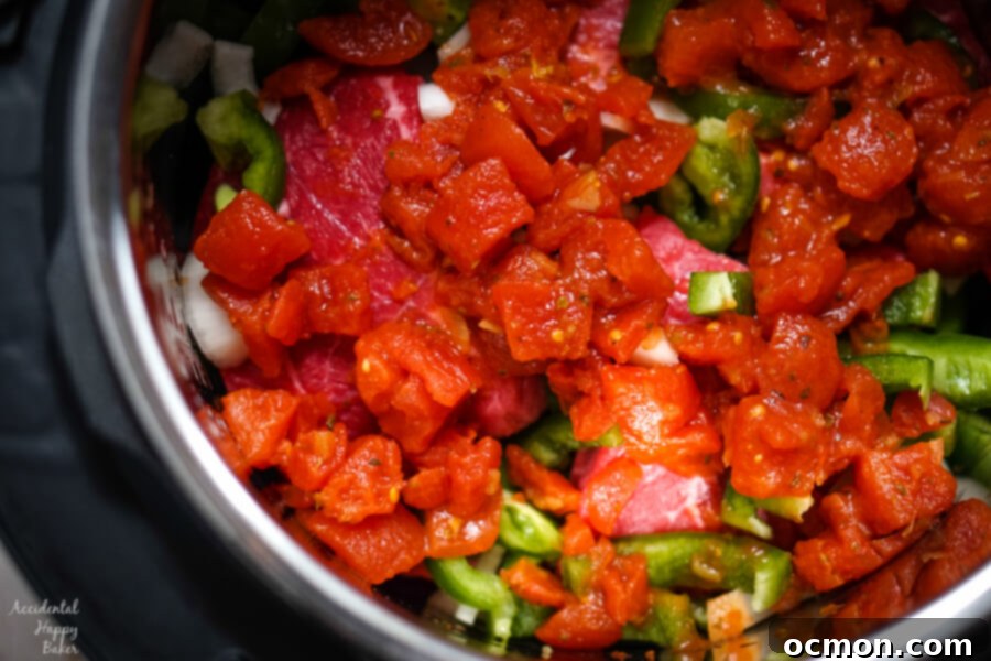 An image looking down into the instant pot after the ingredients have been added. 