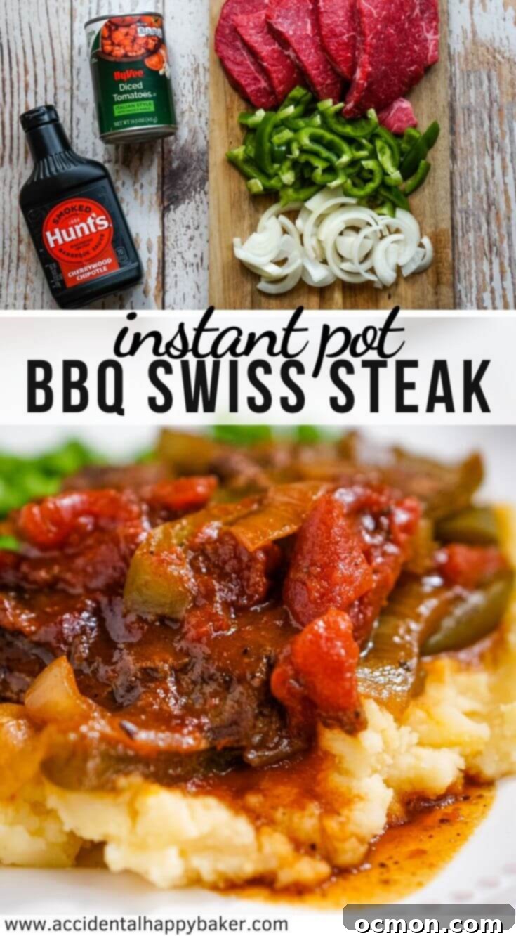 Instant Pot BBQ Swiss Steak; fall apart tender round steak that’s simmered in barbecue sauce, tomatoes, peppers and onions for a hearty main dish that’s as easy as it is delicious. Ready in under 1 hour. #instantpot #swisssteak #weeknightdinner #accidentalhappybaker