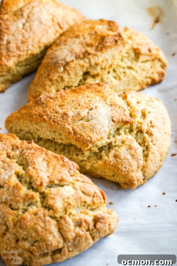 A close up image of Earl Grey scones that shows the sugary tops and texture. 
