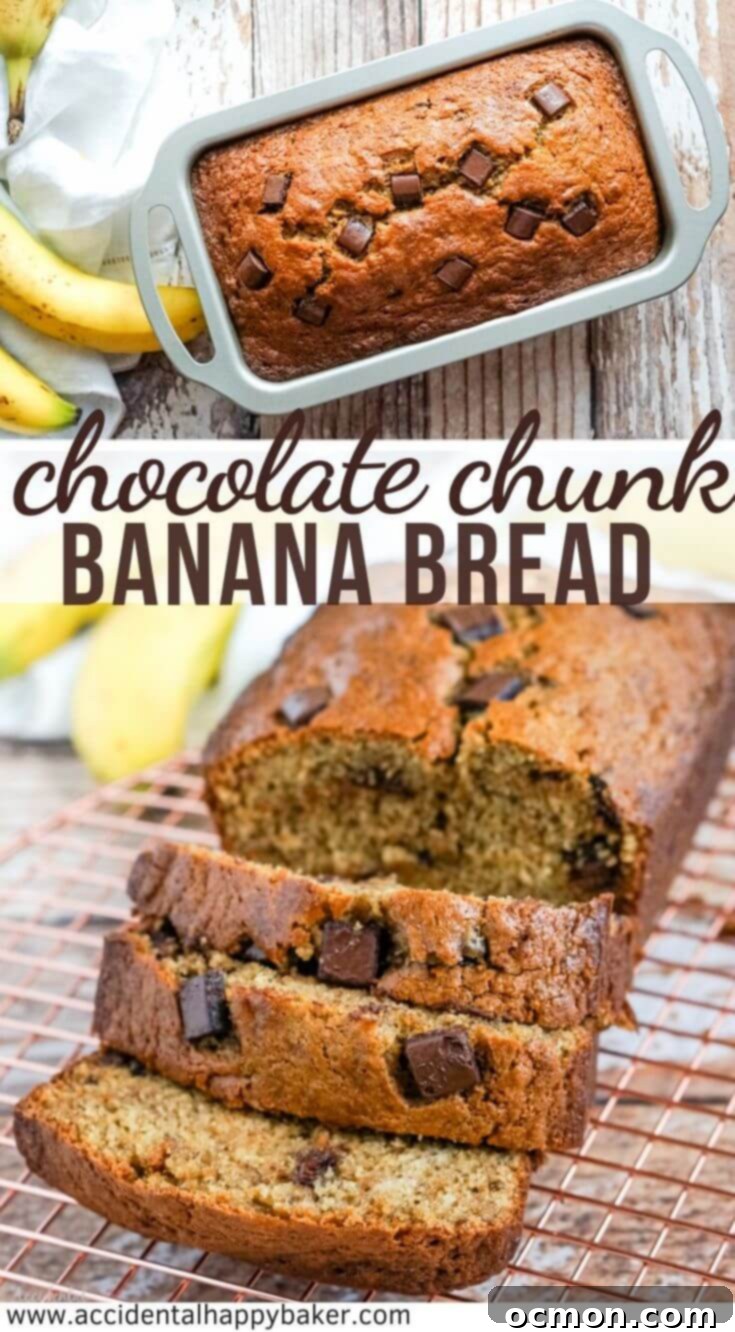 You are going to fall in love with how delicious and easy this chocolate chunk banana bread is! Only one bowl to wash. No special tools required. And a loaf of moist and sweet banana bread studded with chocolate chunks in around one hour! 