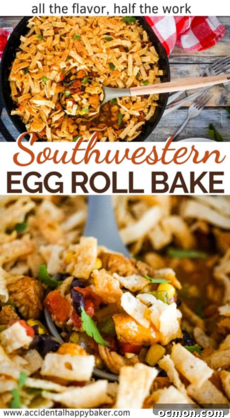 A vibrant and cheesy Southwestern Egg Roll Bake in a cast iron skillet, topped with golden crispy wonton strips, ready to be served. This easy main dish casserole delivers all the taste of Southwestern Egg Rolls without the work!