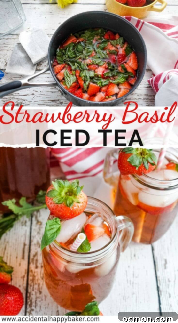 Crimson Basil Cooler 8 Pinterest graphic: Delicious Homemade Strawberry Basil Iced Tea for a refreshing summer drink.