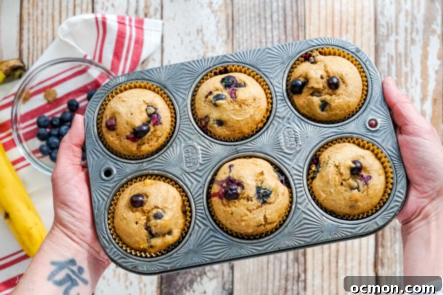 Wholesome Blueberry Bran Muffins 3 A close-up of a freshly baked blueberry bran muffin, revealing its tender, moist crumb and juicy blueberries scattered throughout.