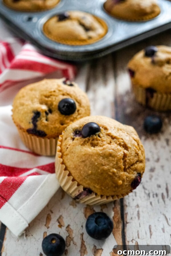 Two blueberry bran muffins on a red and white striped towel, showcasing their perfect bake.