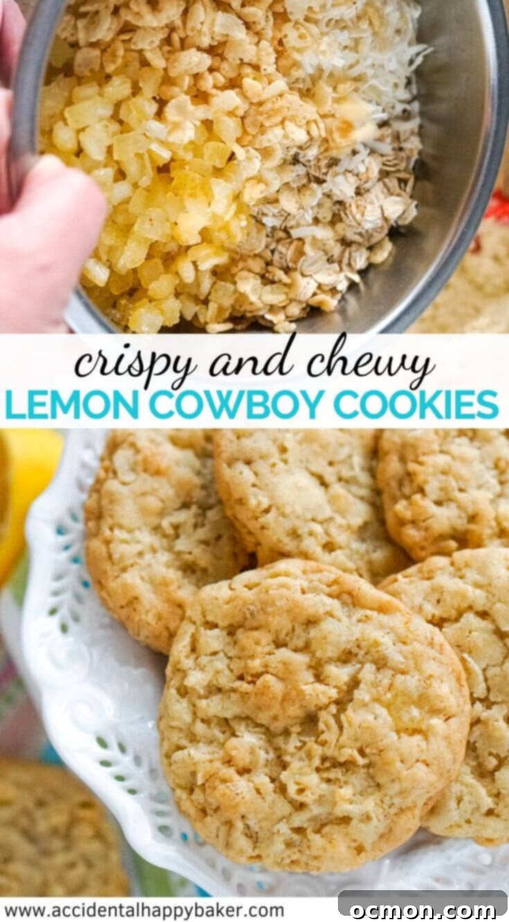 Zesty Lemon Cowboy Cookies 8 Lemon Cowboy Cookies are chewy lemon cookies made with oatmeal, crispy rice cereal, flaked coconut, and diced candied lemon peel. These cookies have chewy centers with bits of candied lemon peel and crispy edges. A perfect graphic for Pinterest.