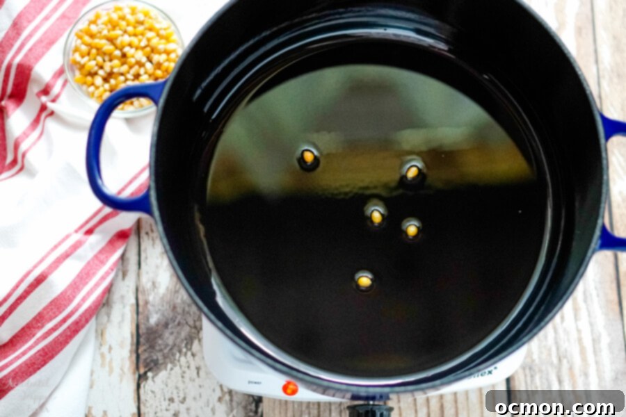 A few test kernels are added to the oil in the dutch oven.