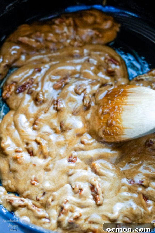A close up image that shows the texture of the caramel after the baking soda and salt are added. 