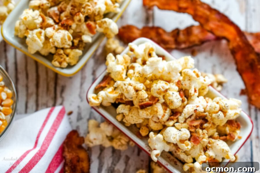 Two bowls full of popcorn next to a red and white striped towel. 