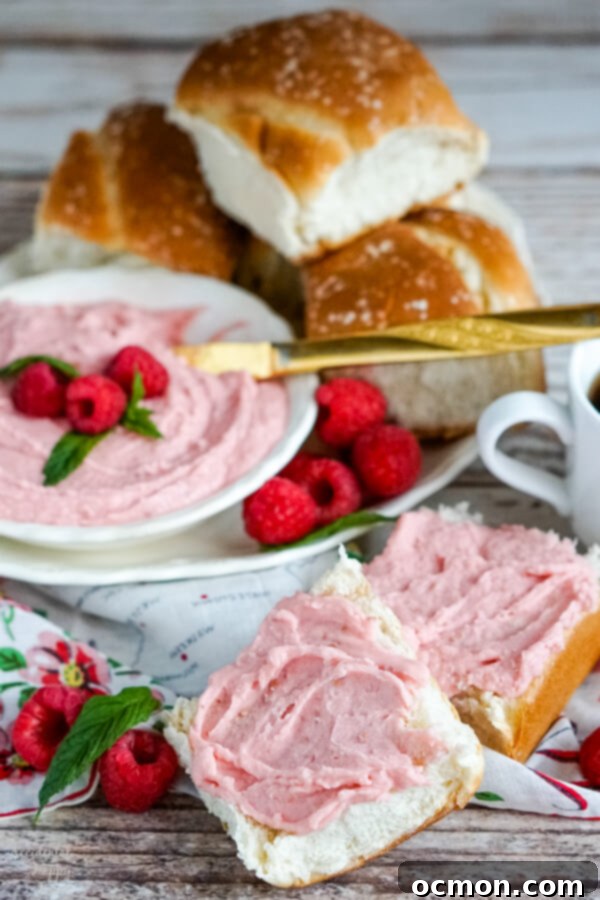 Whipped Raspberry Honey Butter 3 A perfectly split dinner roll lavishly slathered with homemade raspberry honey butter, with a platter of fresh rolls blurred in the background.