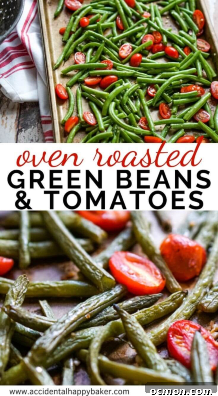 Savory Green Bean and Tomato Bake 8 Roasted green beans and tomatoes makes a beautiful vegetable dish. Simple seasonings of olive oil, salt, and pepper let these veggies natural flavors shine.