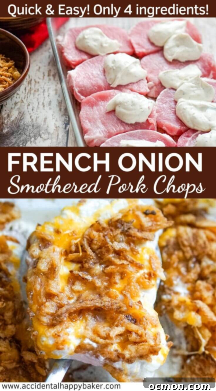 Cheesy and creamy French onion smothered pork chops baked to perfection with a crispy topping. A quick, 4-ingredient, 4-step easy weeknight dinner ready in under an hour.