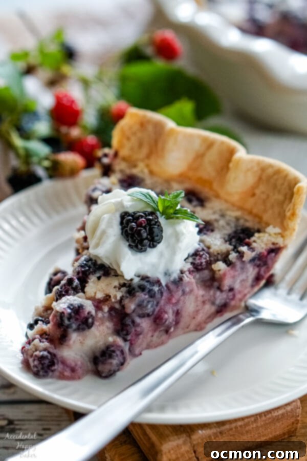 Luscious Blackberry Cream Pie 8 A slice of blackberries and cream pie on a white plate garnished with whipped cream, mint and fresh blackberries.