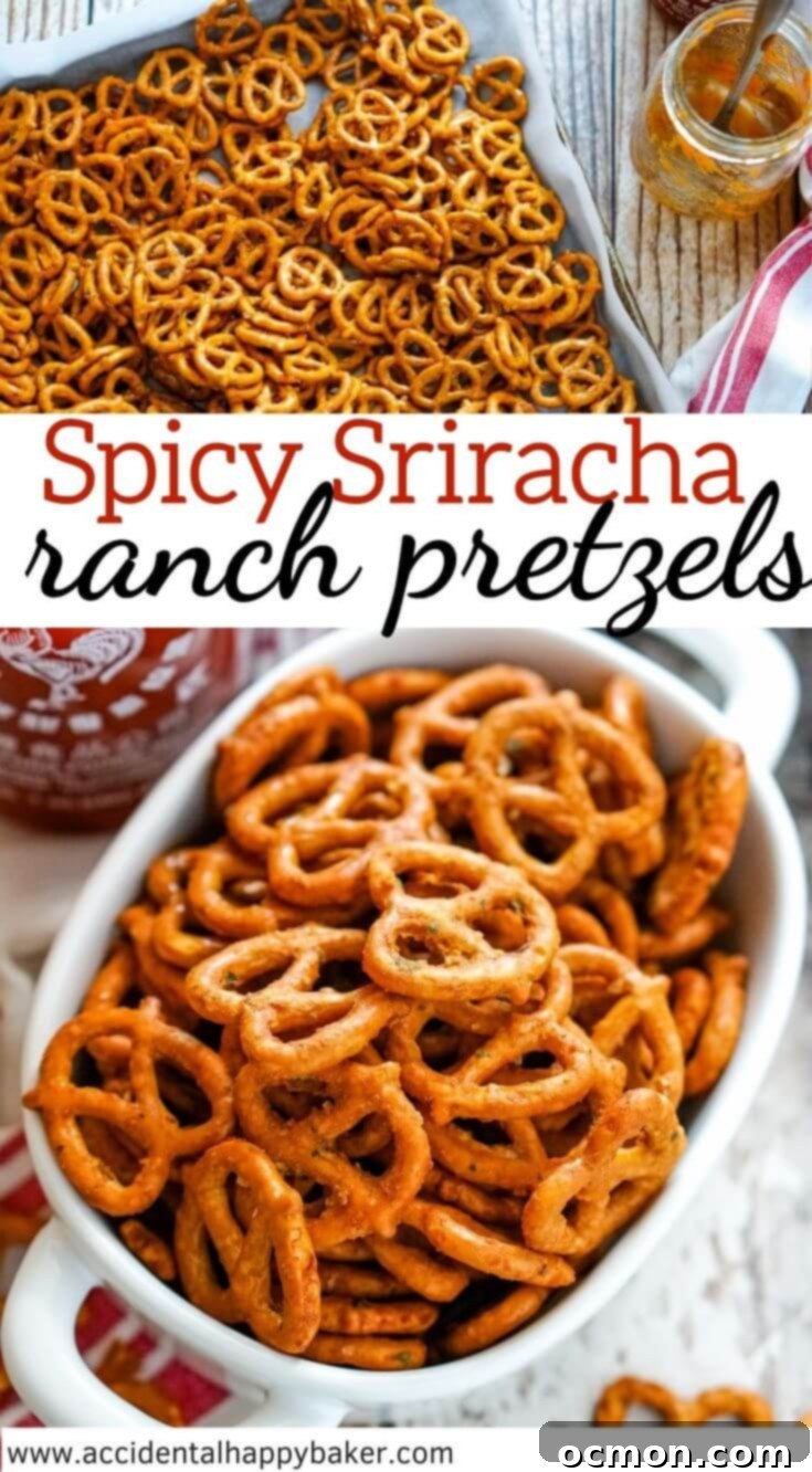 Crunchy, spicy, and delicious pretzels baked in homemade sriracha and ranch seasoning, perfect for a flavorful snack or party appetizer.