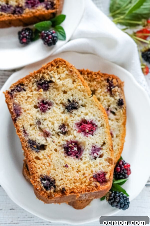 Blackberry Bliss Loaf 5 Two generous slices of moist blackberry bread presented on a white plate, garnished with a few fresh blackberries beside them.