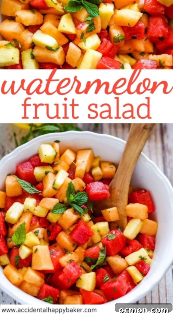 Summer Watermelon Bliss 8 Watermelon Fruit Salad is vibrant, fresh and 100% guilt free! Watermelon, cantaloupe and pineapple are tossed with fresh mint and a honey balsamic dressing for a refreshing summer salad that is perfect for backyard bbq’s, parties and potlucks.