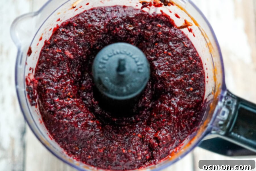 The blackberry mixture after it is pureed in the food processor. 