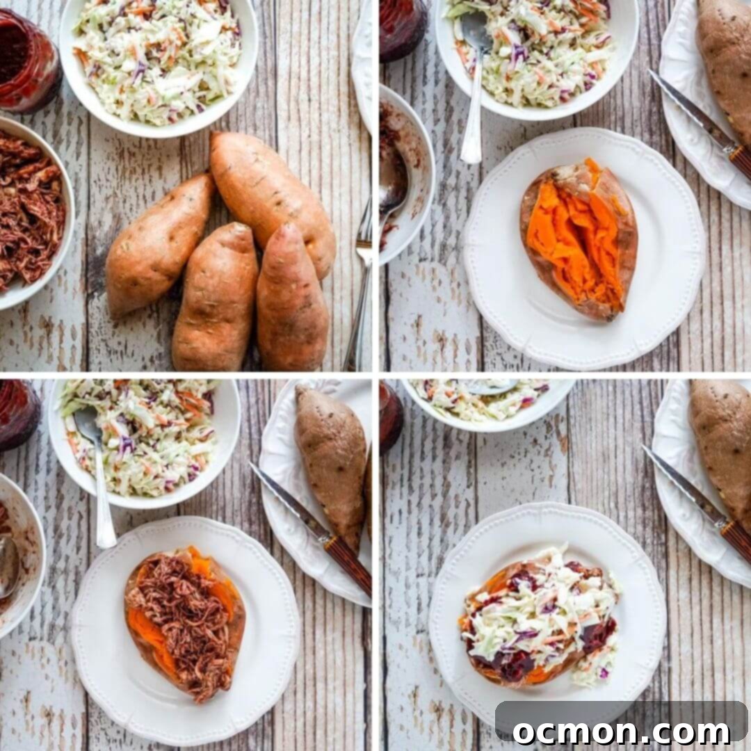 An image collage that shows the steps of stuffing the sweet potatoes. 