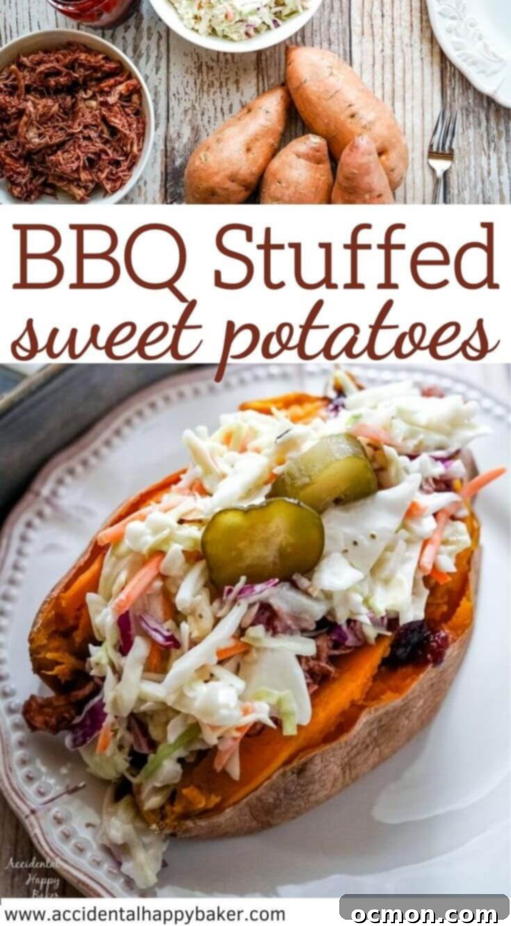 A graphic featuring a BBQ stuffed sweet potato with text overlay encouraging readers to pin the recipe for later.