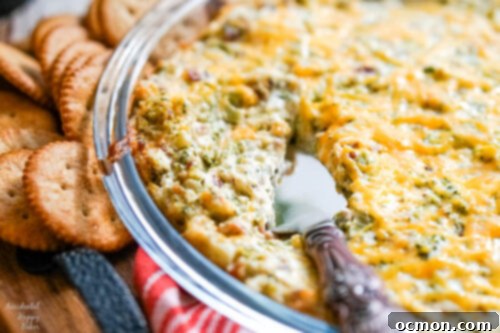 A pie plate of cheesy bacon and broccoli dip with a bronze server. 
