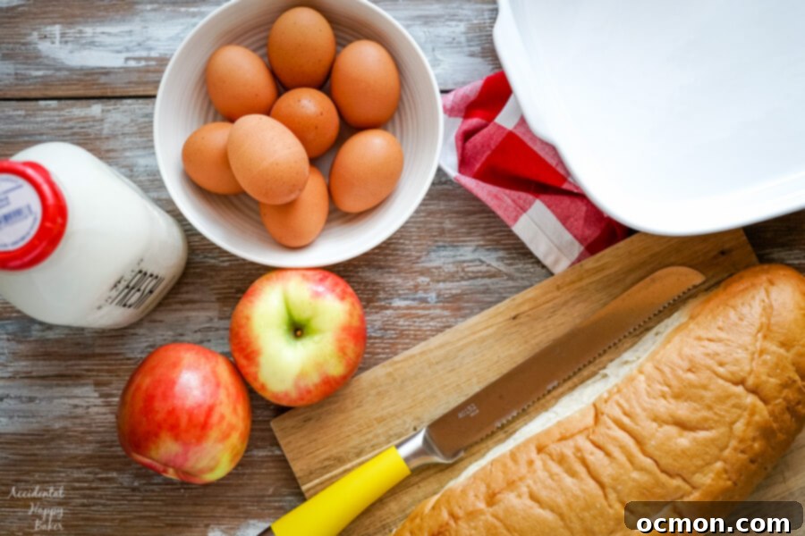 Warm Cinnamon Apple French Toast Bake 5 The base of this Cinnamon Apple French Toast casserole is bread, apples, eggs, and milk.