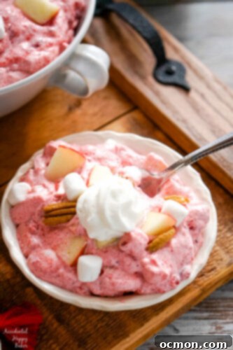 Crimson Apple Cloud Delight 3 A close-up of Cranberry Apple Fluff Salad in a glass bowl, showcasing its creamy texture and visible apple and cranberry pieces.