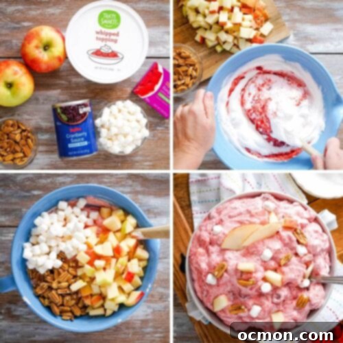 Crimson Apple Cloud Delight 4 A large serving bowl filled with Cranberry Apple Fluff Salad, garnished with fresh mint leaves, on a rustic wooden surface.