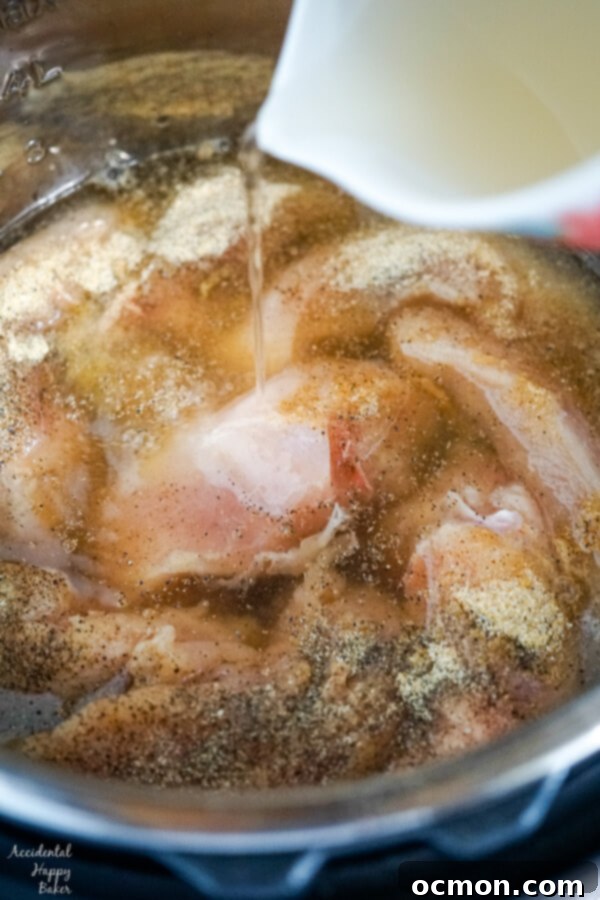 Chicken broth is poured over the seasoned chicken breasts.