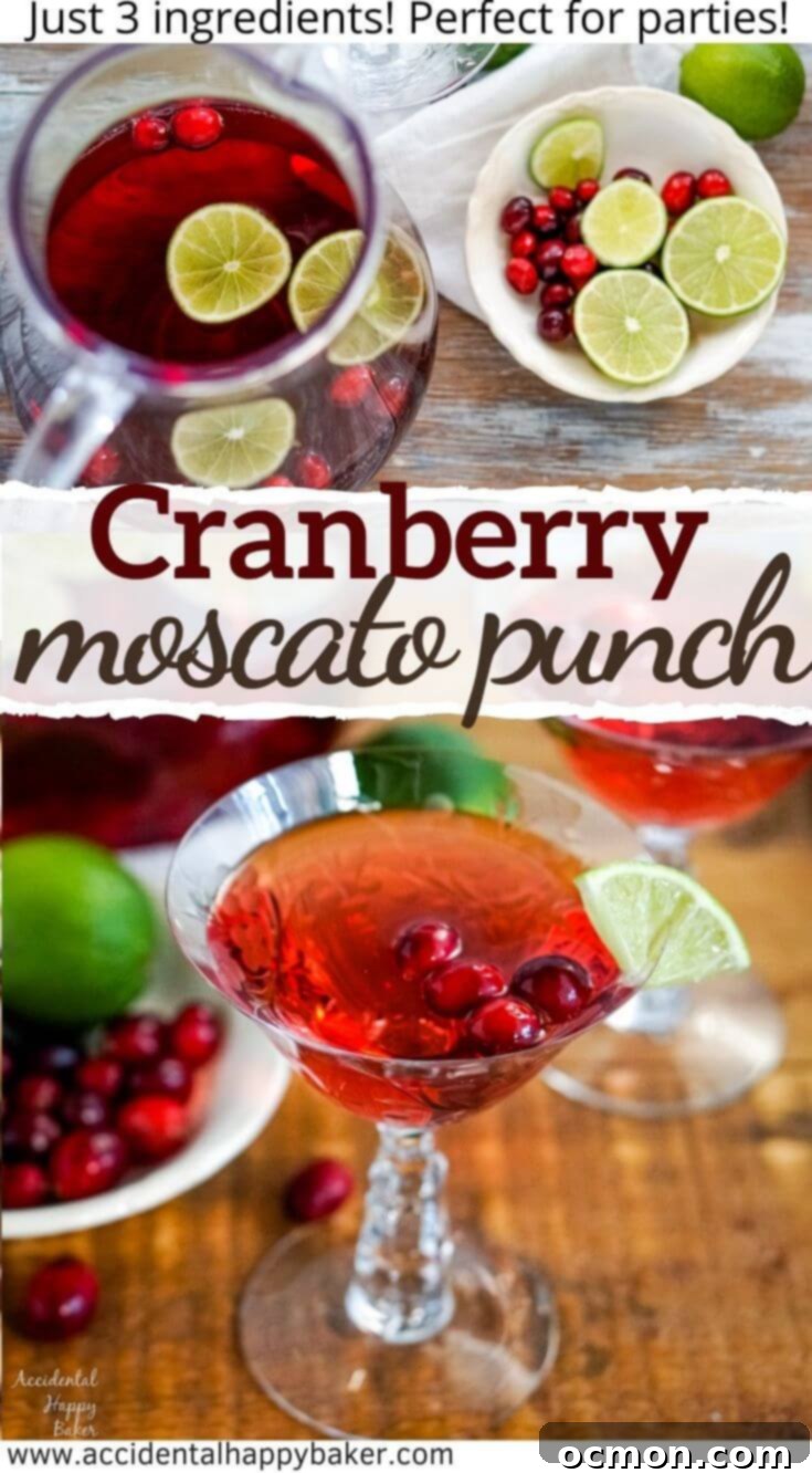 Sparkling Cranberry Moscato Punch 6 Bubbly, sweet, and tart! This easy 3 ingredient cranberry moscato wine punch is perfect for parties. A pitcher of punch with glasses nearby.