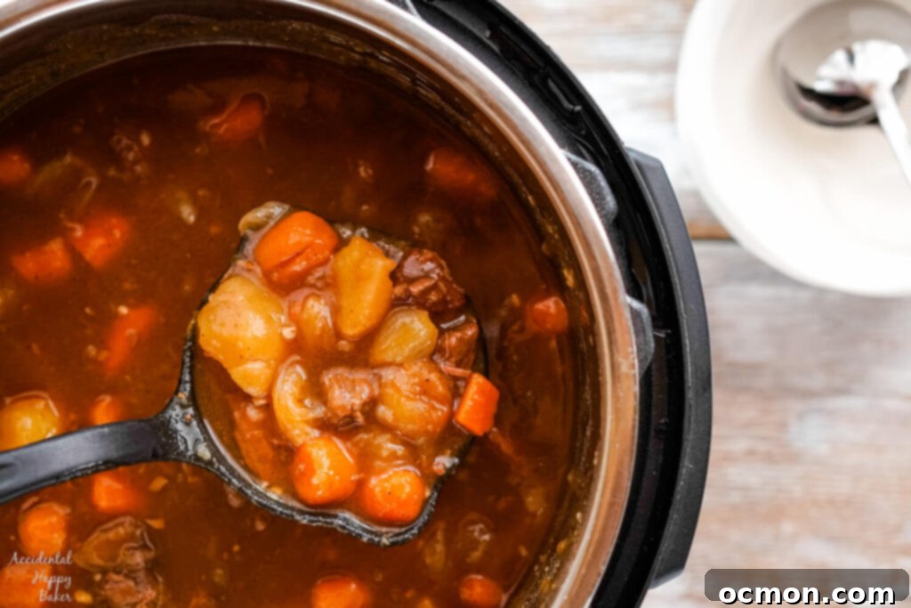 After the instant pot beef stew has cooked, a cornstarch slurry is stirred in to help it thicken up. 