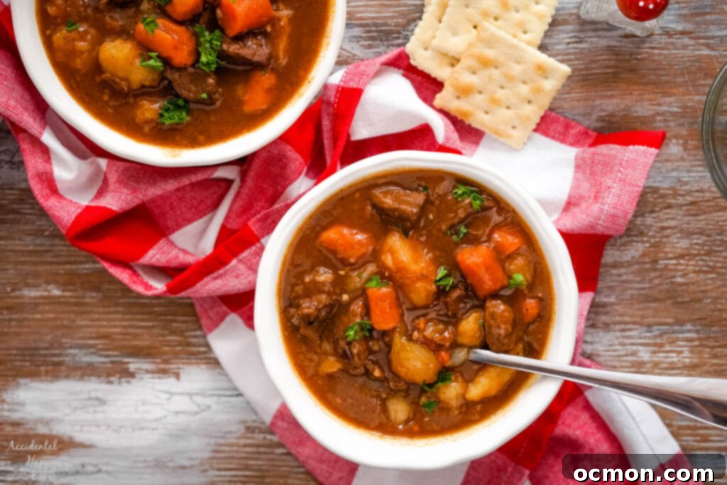 Two bowls of beef stew on a red checkered cloth with saltine crackers. 