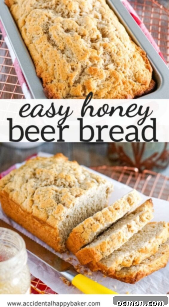 Golden Nectar Loaf 9 A freshly baked loaf of easy honey beer bread with a golden, slightly craggy crust, sitting on a wooden surface, promising a hearty and flavorful experience with minimal effort.