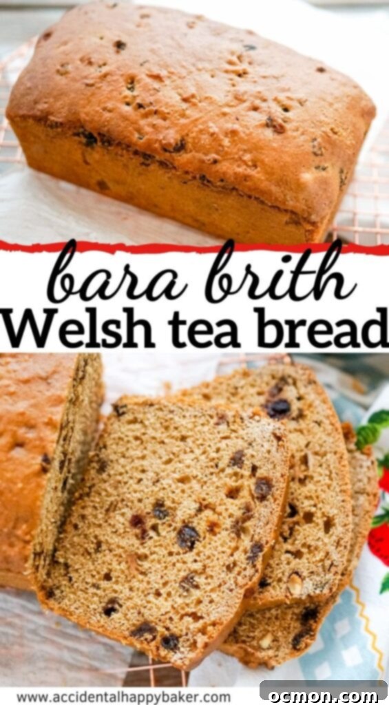 Welsh Bara Brith Tea Bread 11 A whole loaf of freshly baked Bara Brith (Welsh tea bread) on a light background, highlighting its golden crust and delicious appearance.