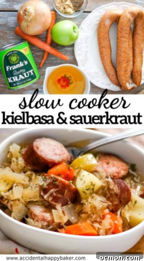 Kielbasa and sauerkraut are slow simmered with veggies, brown sugar, caraway and apple juice for a deliciously easy and comforting meal in the slow cooker, served in a rustic bowl.