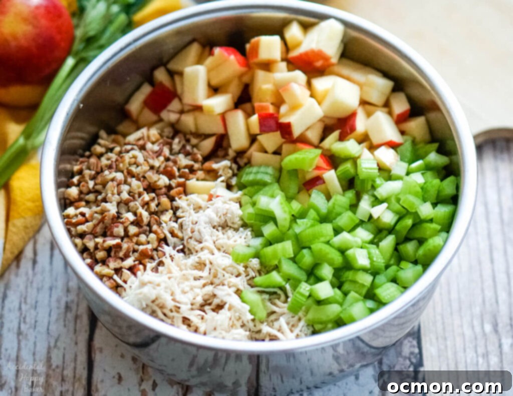 Crisp Apple Pecan Chicken Salad 5 chicken, chopped celery, chopped apples, and chopped pecan s in a metal bow