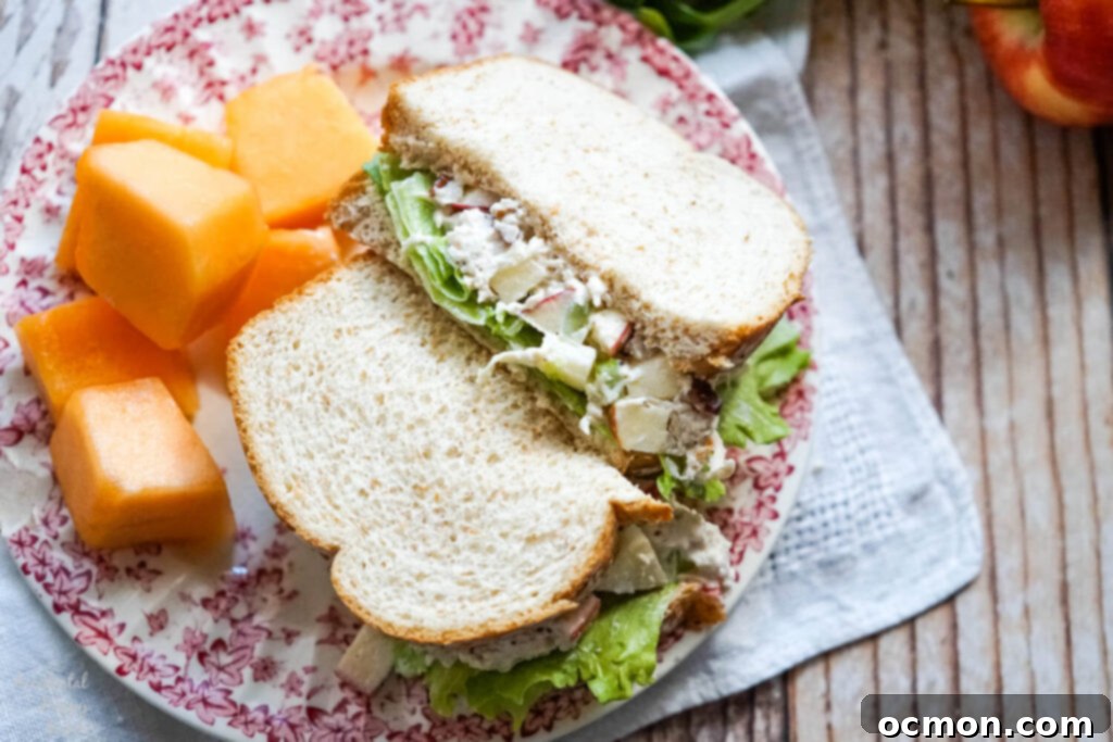 Crisp Apple Pecan Chicken Salad 8 apple pecan chicken salad sandwich with a side of fruit on a floral plate