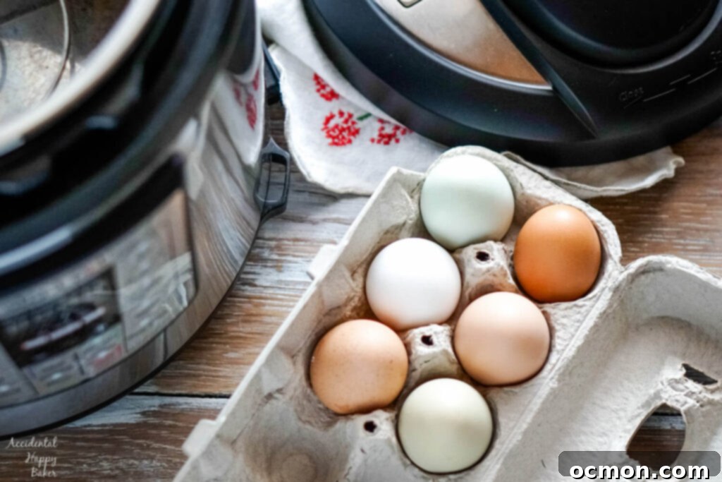 A carton of colorful farm eggs sits beside an Instant Pot, highlighting the tools for modern egg cooking.