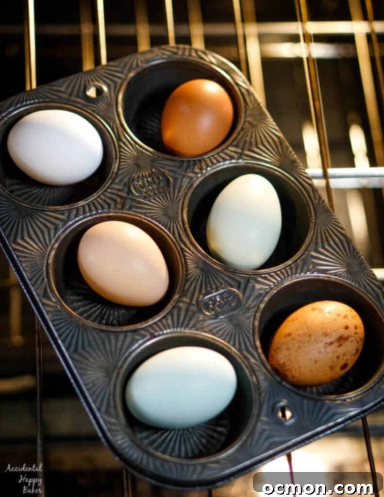 Colorful farm eggs arranged in a muffin tin on an oven rack, ready for baking.