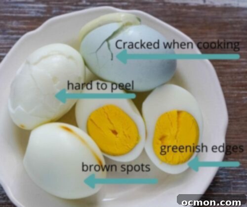 A graphic illustrating common hard-boiled egg problems and solutions.