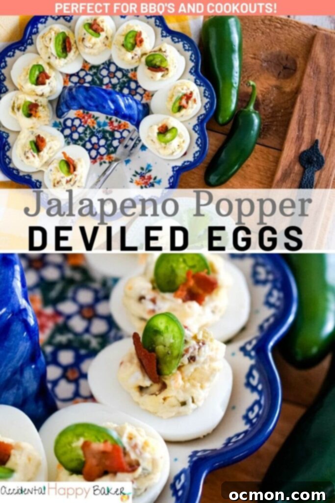 Devilish Jalapeno Poppers 11 Deviled eggs with a slice of jalapeno and bacon on them.