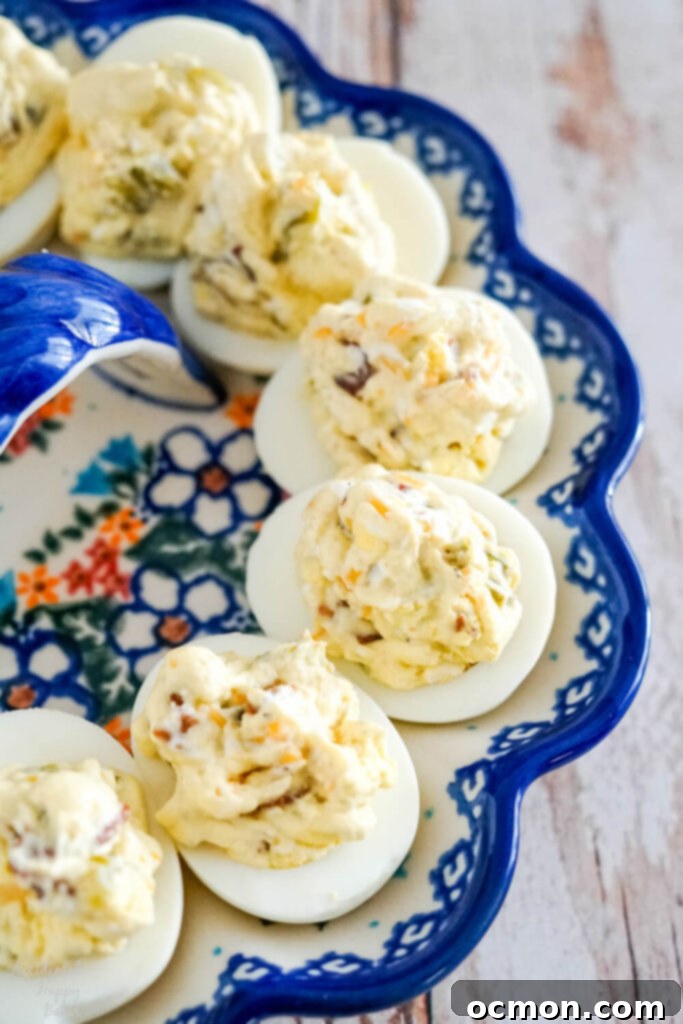 Devilish Jalapeno Poppers 5 A close up image of the jalapeno popper deviled egg filling.