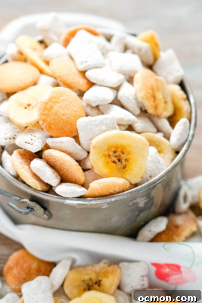 A metal bucket full of banana chips, mini vanilla wafer cookies and banana cream pie flavored cereal pieces. 