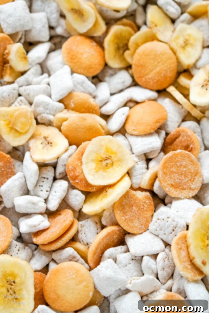 Banana Cream Pie Muddy Buddies Mix,  banana chips, mini vanilla wafer cookies and banana cream pie flavored cereal pieces. 