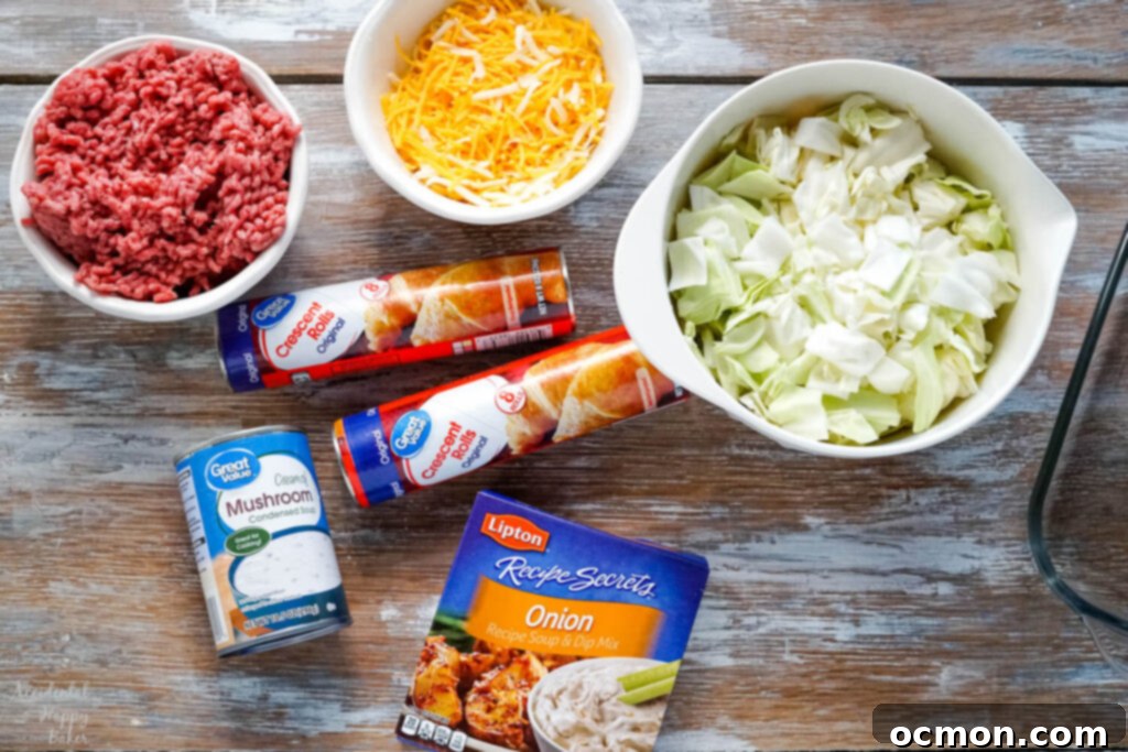 Runza Style Beef and Cabbage Bake 5 The ingredients needed to make Runza casserole; crescent rolls, ground beef, cabbage, cheese, onion soup mix, and cream of mushroom soup.