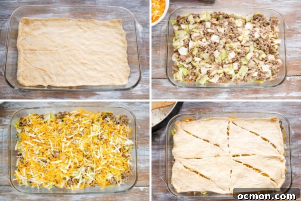 Runza Style Beef and Cabbage Bake 7 A collage image showing the steps to assemble the casserole.