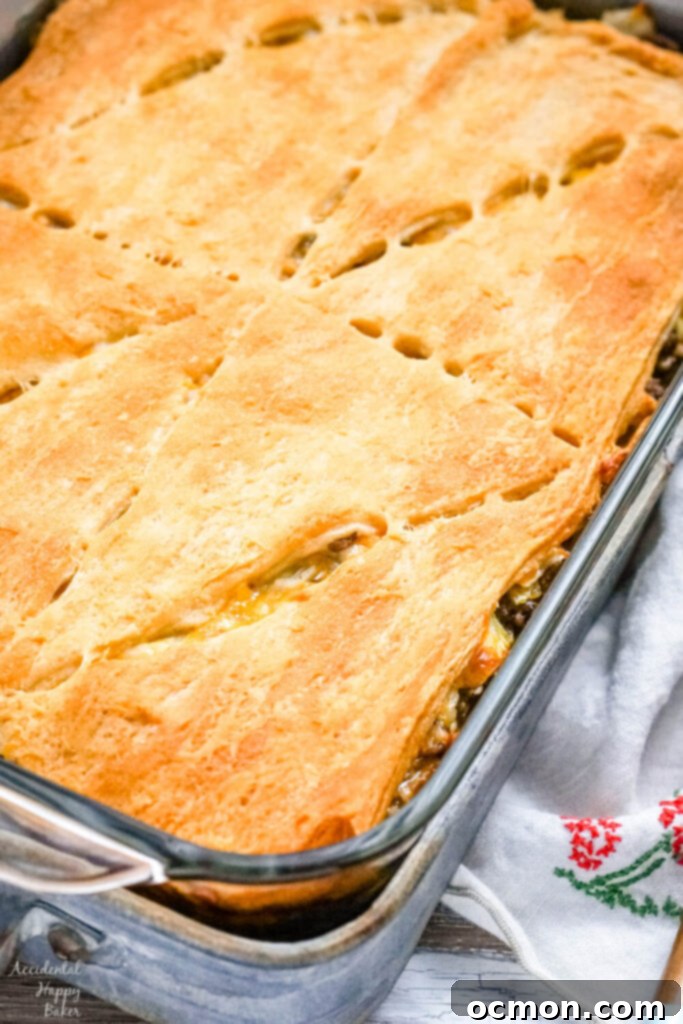 Runza Style Beef and Cabbage Bake 8 A freshly baked Runza casserole in a metal serving tray.