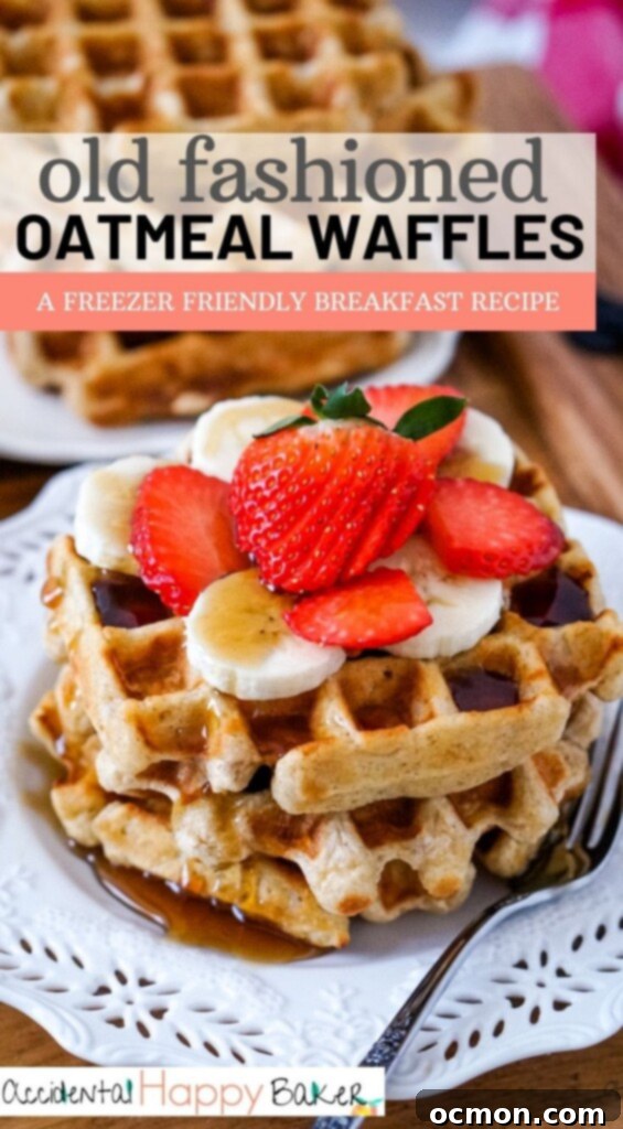 A beautifully styled stack of Old Fashioned Oatmeal Waffles, ready to serve.