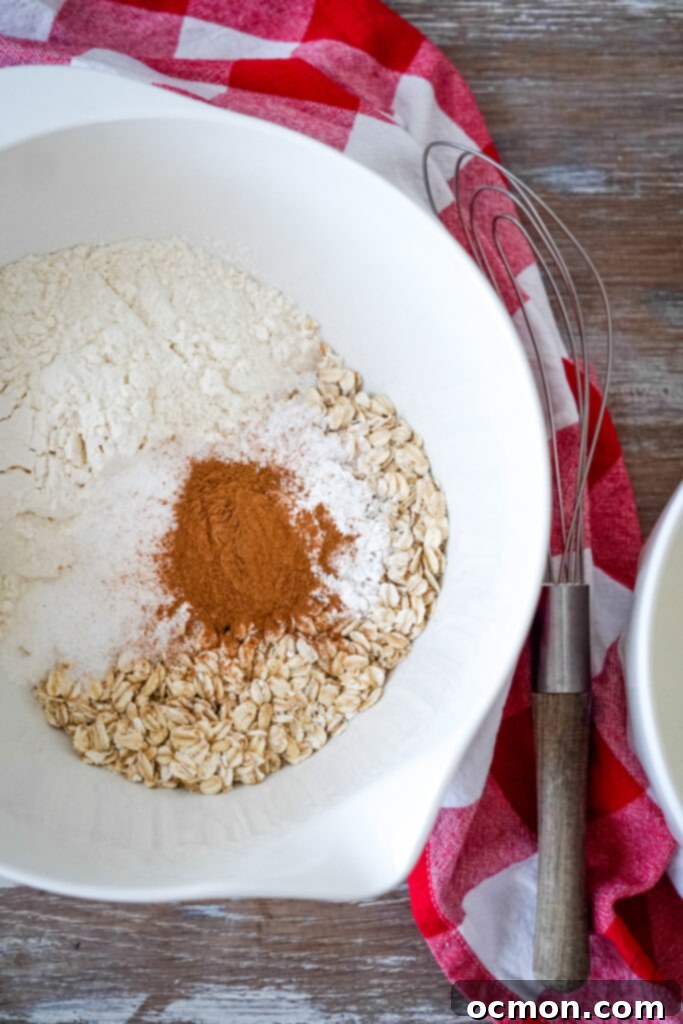 Mixing dry ingredients in a large bowl for oatmeal waffles.