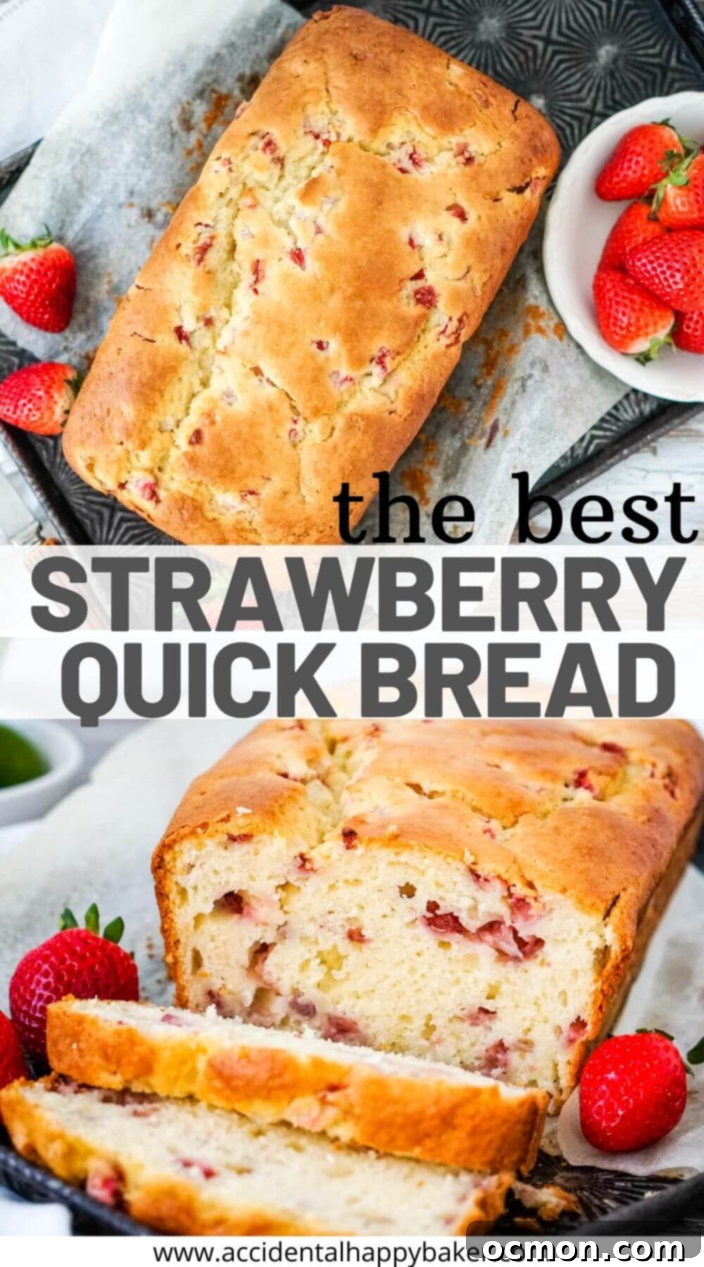 A vibrant, top-down view of a freshly baked strawberry bread loaf, adorned with fresh berries, perfect for pinning and sharing.