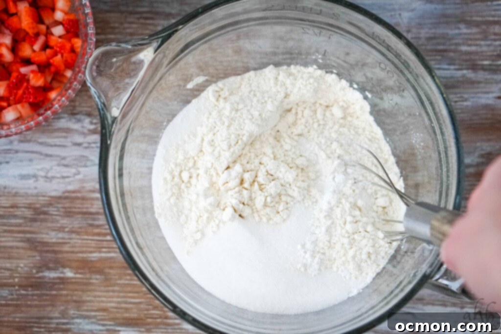 A mixing bowl containing all the dry ingredients – flour, sugar, baking powder, and salt – whisked together for even leavening.