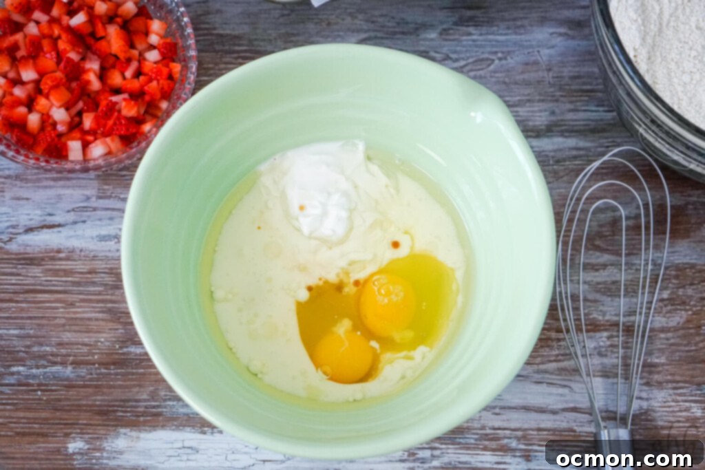 A separate bowl holds the combined wet ingredients: Greek yogurt, buttermilk, vegetable oil, eggs, and vanilla extract, ready to be added to the dry mixture.